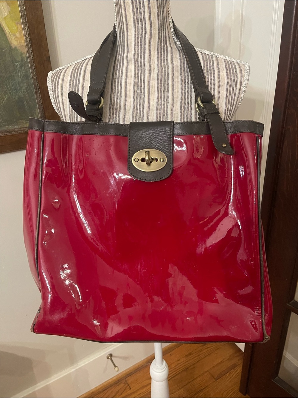 Boden Red Patent Tote with Dark Trim and Turnlock Vintage with Dust Bag.